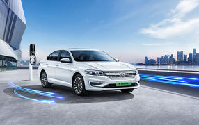 Electric car Volkswagen E-Lavida 2019 at the gas station