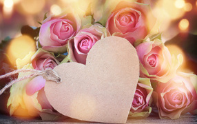 Бумажное сердце и букет роз, шаблон для открытки на День Святого Валентина