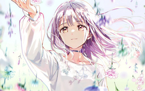 Anime girl catching falling flowers