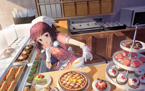 Anime girl cooking sweets in the kitchen