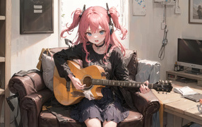 Девушка аниме играет на гитаре