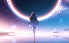 Anime girl runs towards a bright circle in the sky