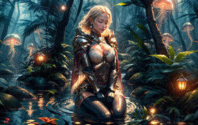 Anime girl sitting in the water in a fantasy forest