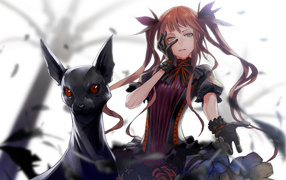 Девушка аниме с черным котом