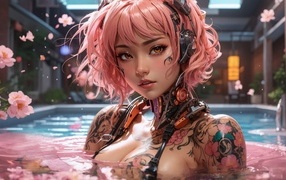 Anime girl with pink hair and tattoos on her body