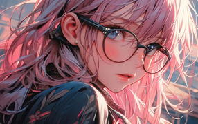 Anime girl with pink hair wearing glasses