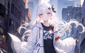 Anime girl with white hair in the city