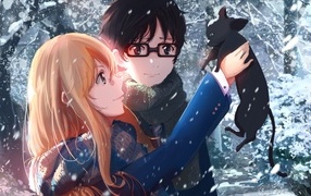 Anime guy and girl with a kitten in their hands