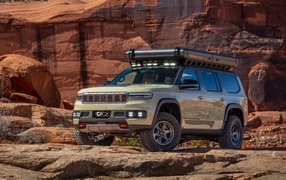2023 Jeep Grand Wagoneer Overland Concept with mountains in the background