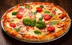 Pizza with cheese, basil and mushrooms