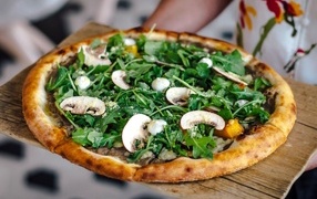 Pizza with mushrooms and arugula leaves