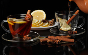 Fragrant tea with cinnamon and lemon slices