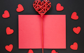 Сердечки и лист бумаги, шаблон открытки на День Святого Валентина