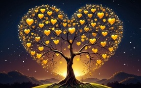 Дерево в форме сердца с золотыми листьями