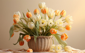 Bouquet of white and orange tulips in a basket