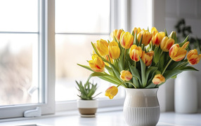 Bouquet of yellow tulips in a vase by the window