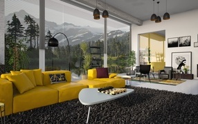 Большой желтый диван в комнате с панорамным окном