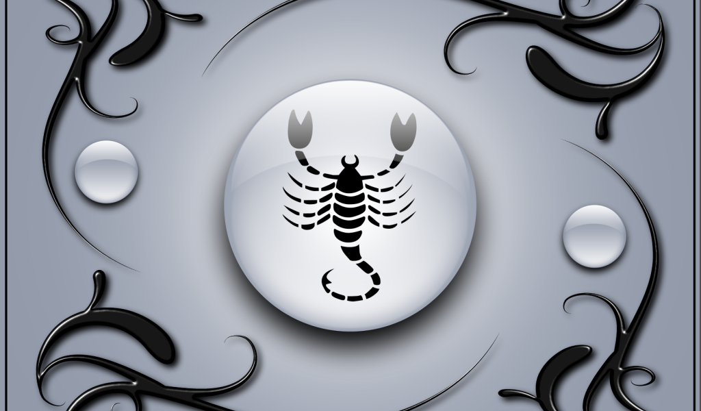 Знак скорпион на сером фоне с чёрным орнаментом 