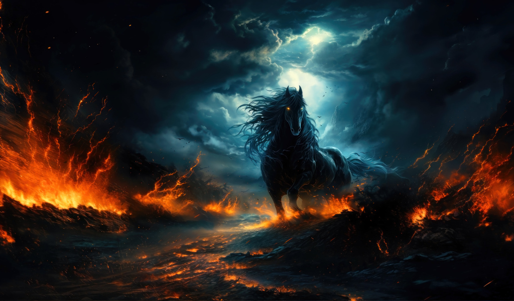 Black fantasy horse on the fiery ground