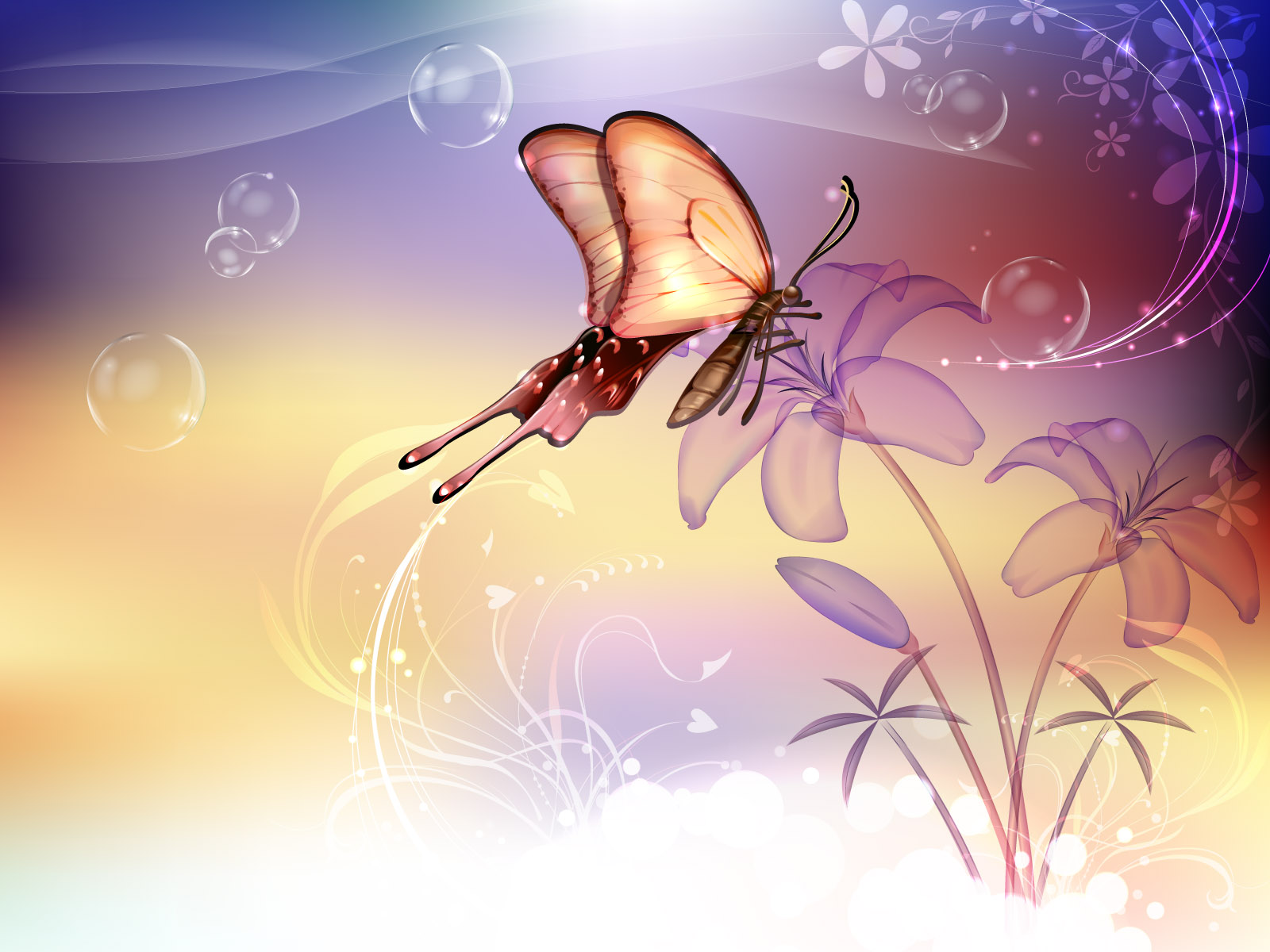 Previous, Drawn wallpapers - Butterfly on a flower wallpaper