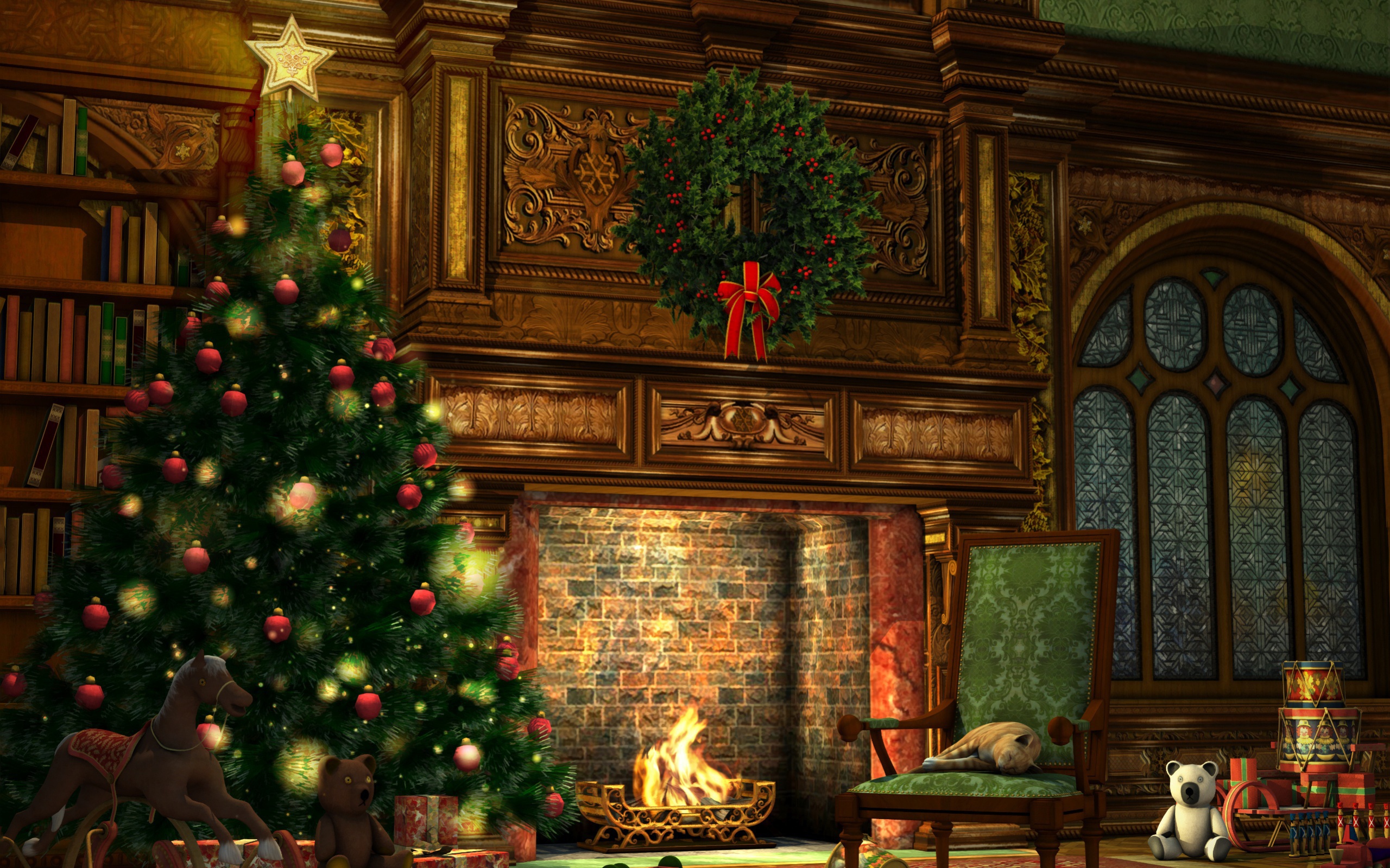 Christmas fir-tree at a fireplace