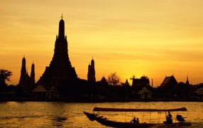 Sunset over the temples in Bangkok, Thailand