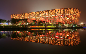 Beijing National Stadium is reflected in the water, PRC