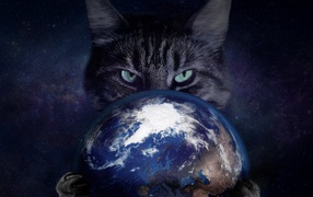 Insidious gray cat with the planet Earth in the clutches