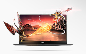 Dragon and astronaut fly out of Dell laptop on white background