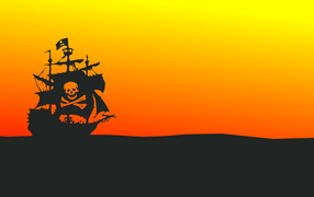 Black pirate ship on orange background