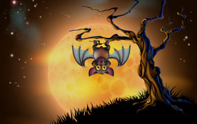 Funny bat on a tree on the background of the moon