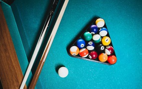 Balls for billiards on a table with a cue