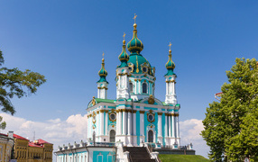 View of the beautiful St. Andrew's Church under the blue sky, Kiev. Ukraine