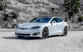 White car Tesla Model S Performance, 2020 in the mountains