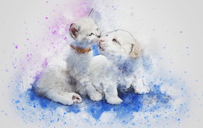 Drawn kitten and puppy on a gray background