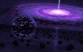 Black hole and planet with meteorites in space