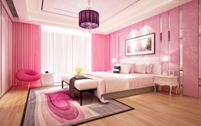 Красивая спальня с розовыми стенами