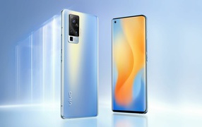 New stylish smartphone Vivo X60 on a blue background