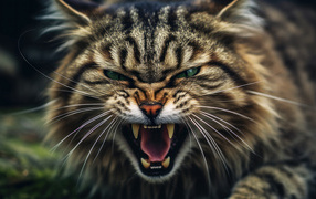 Angry cat with sharp fangs