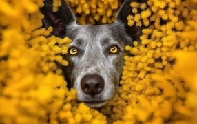 Black dog in yellow mimosa flowers