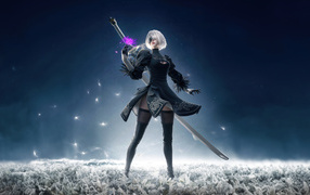 Anime girl 2B in a black suit with a sword