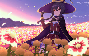 Anime girl in a suit on a field with flowers