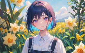 Anime girl on the field with daffodils