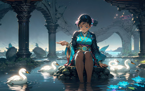 Девушка аниме сидит в пруду с лебедями