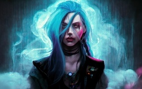 Girl with blue hair in smoke