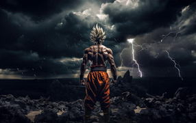 Goku anime character against the background of a stormy sky