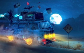 Нарисованный ретро автомобиль на дороге ночью