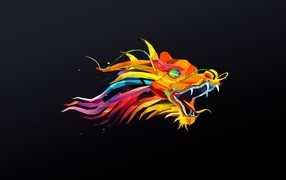 Разноцветный дракон на черном фоне, арт рисунок