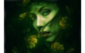 Нарисованная красивая девушка на зеленом фоне