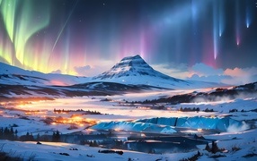 Нарисованная гора с полярным сиянием